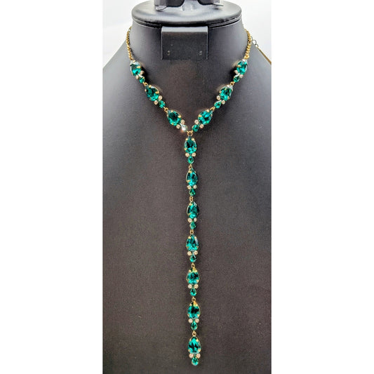 Sherri Hill Gold Tone Metal Green & Clear Rhinestone Long Y 15"-18" Necklace