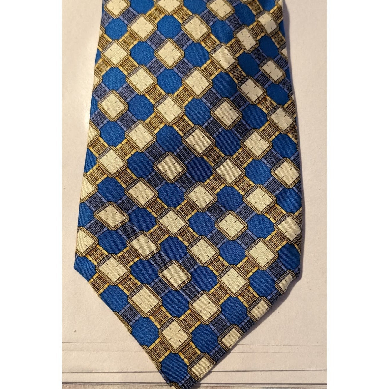 Piaget Silk Vintage 100% Silk Blue Gold Geometric Design Neck Tie