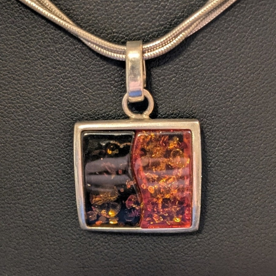 925 Italy Sterling Triple Snake Chain Two Color Amber Modernist Pendant Necklace