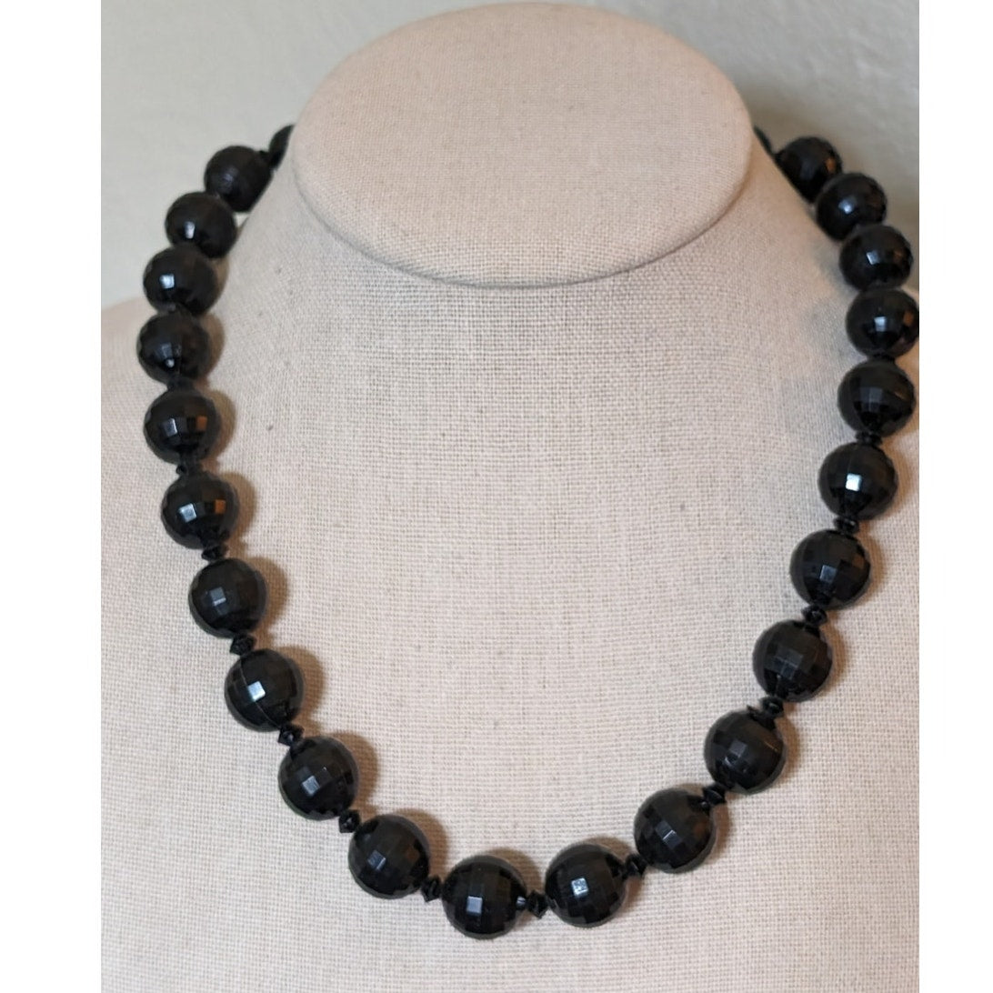 Vintage Black Faceted Acrylic Bead Hook & Slide Clasp 19.5" Necklace
