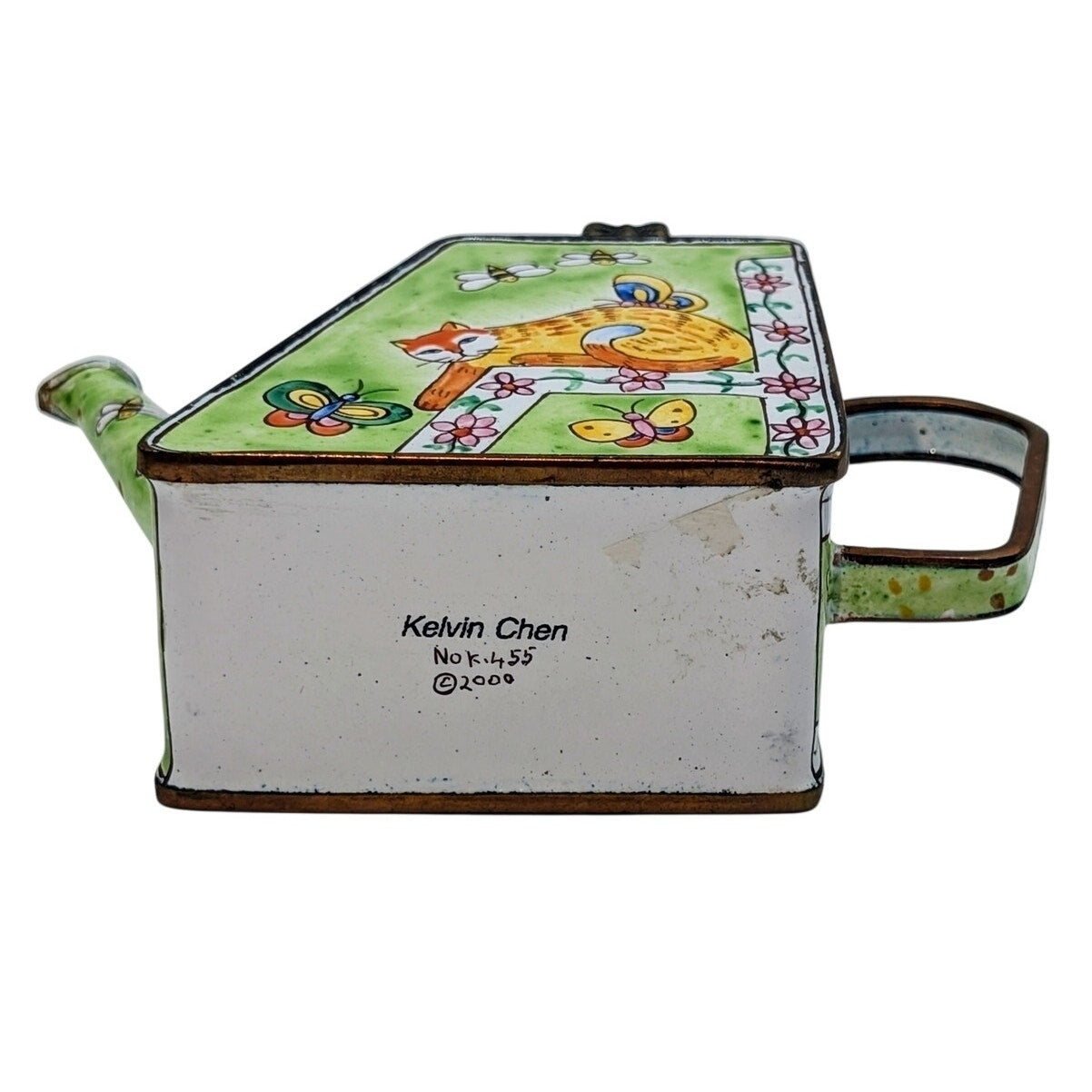 Kelvin Chen Vintage Kitty Catching Butterflies Green Enamel Collectible Teapot