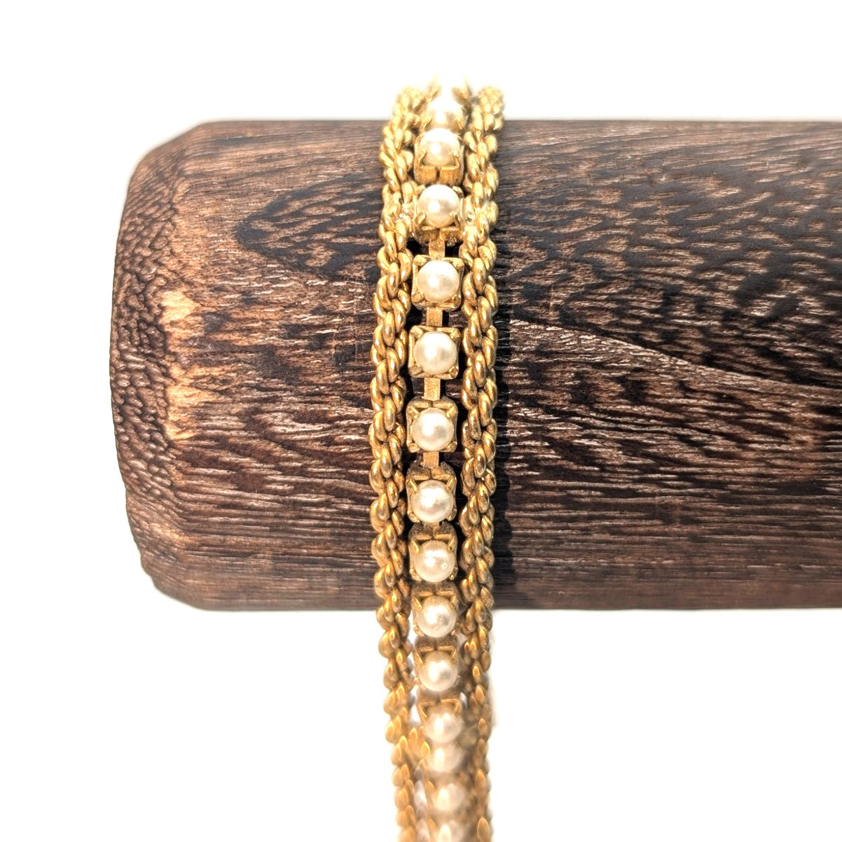 Vintage Gold Tone Double Rope Chain Seed Pearl Fold Over Clasp Bracelet