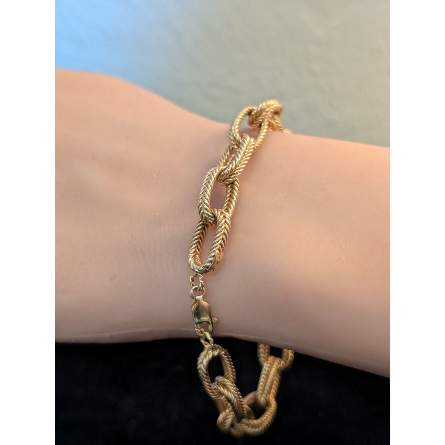 14Kt Yellow Gold Textured Double Link Chain Lobster Claw Clasp Bracelet
