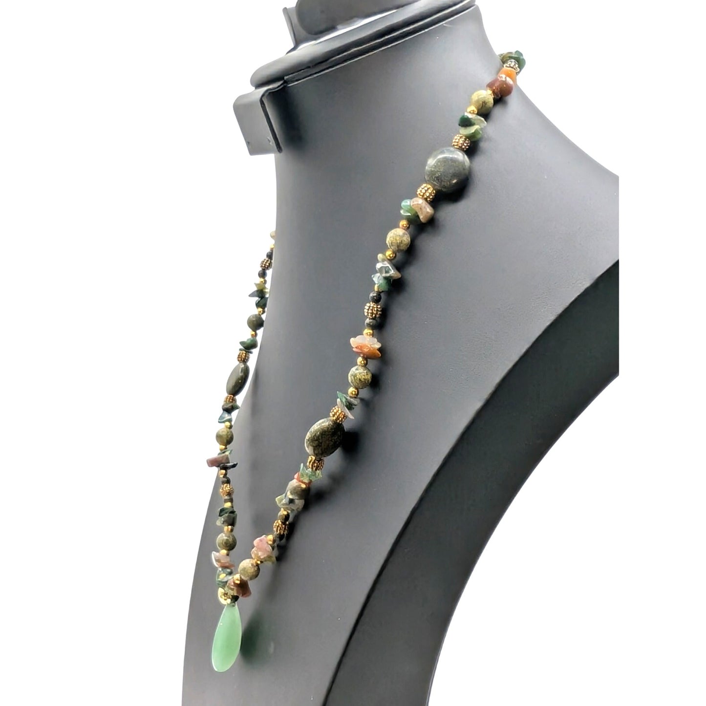 Green Stone Teardrop Beaded 24" Necklace and Chip Stretch Bracelet Mixed Lot