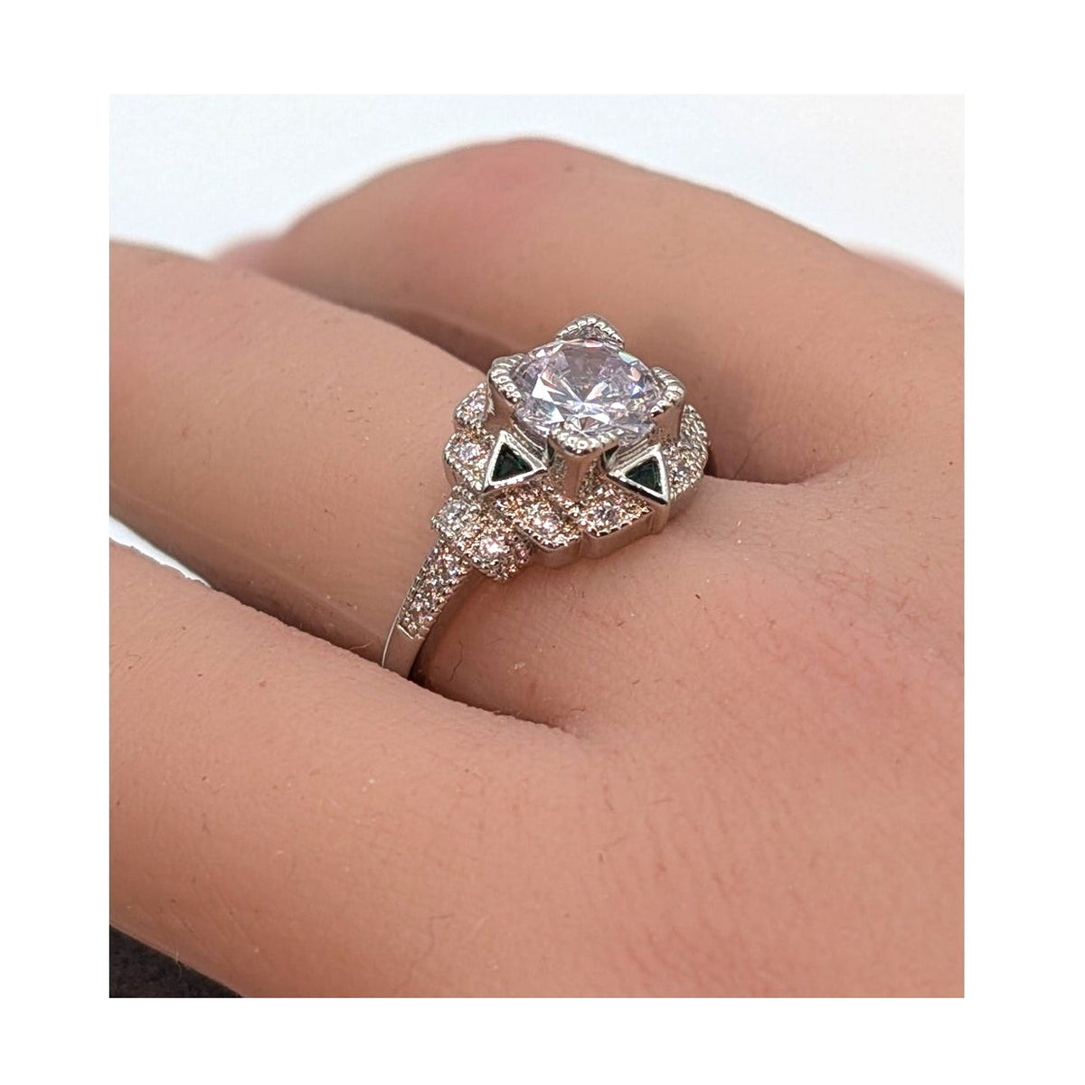 Vintage Inspired Art Deco 925 Sterling Green Trillion Round CZ Ring Sz 8.75