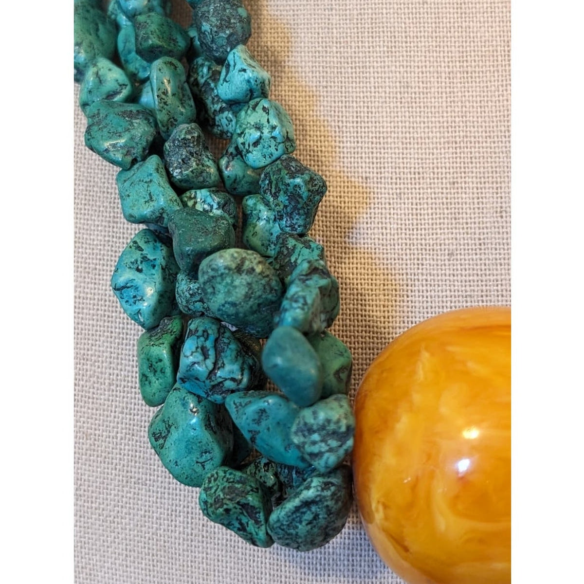 Blue Green Stone Five Strand Butterscotch Ball Bead Necklace W/ Hook Clasp