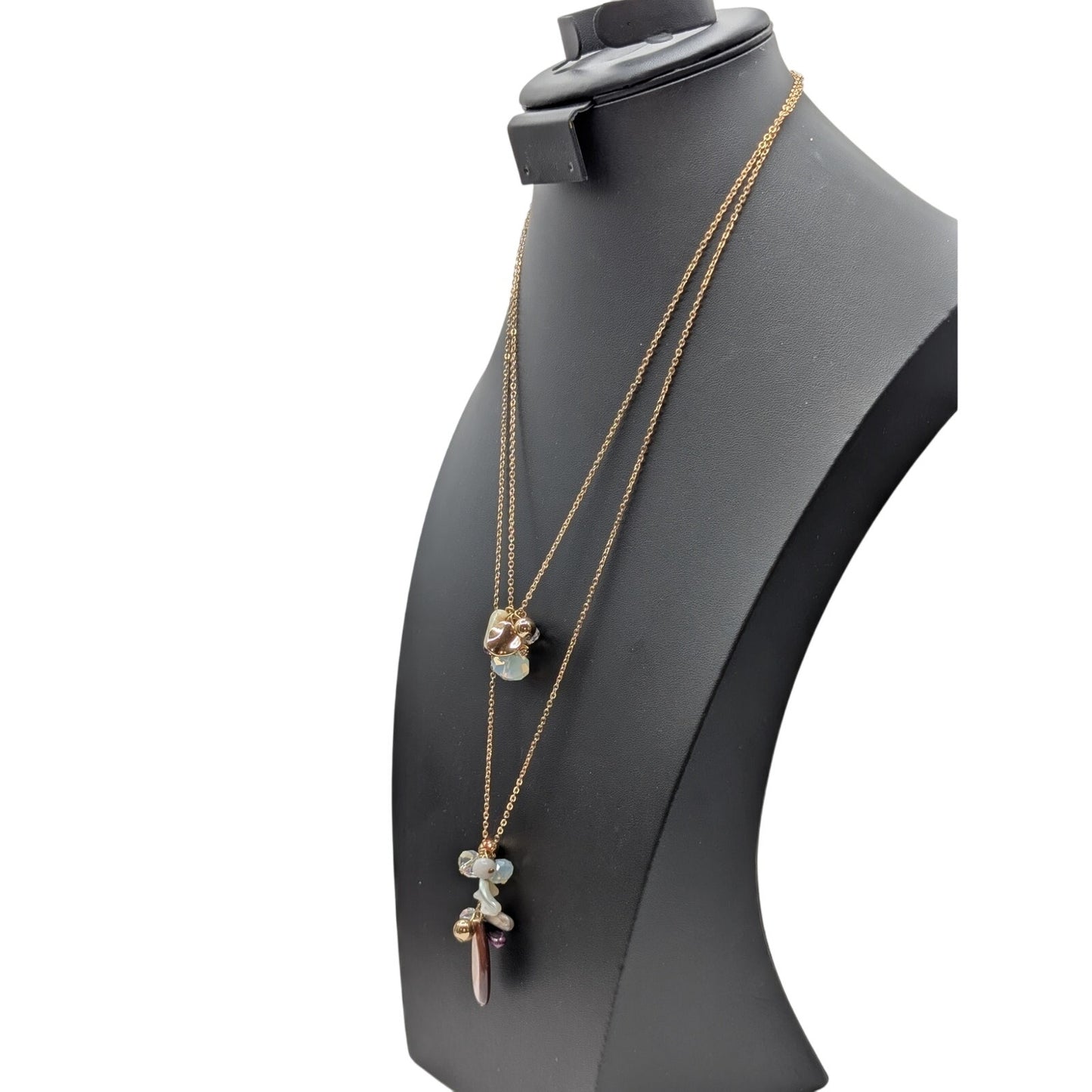 Double Strand Gold Tone Stone Crystal Glass Beaded Cluster Dangle Necklace