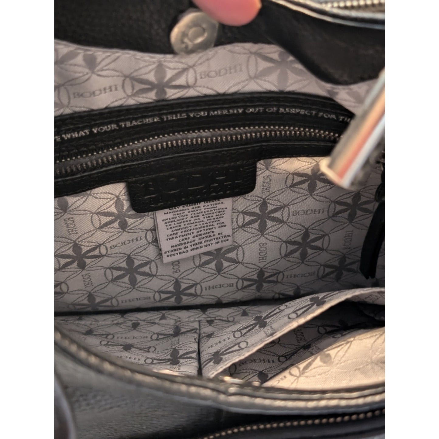 BODHI Black Leather Silver Subtle Metallic Leopard Hobo Bag
