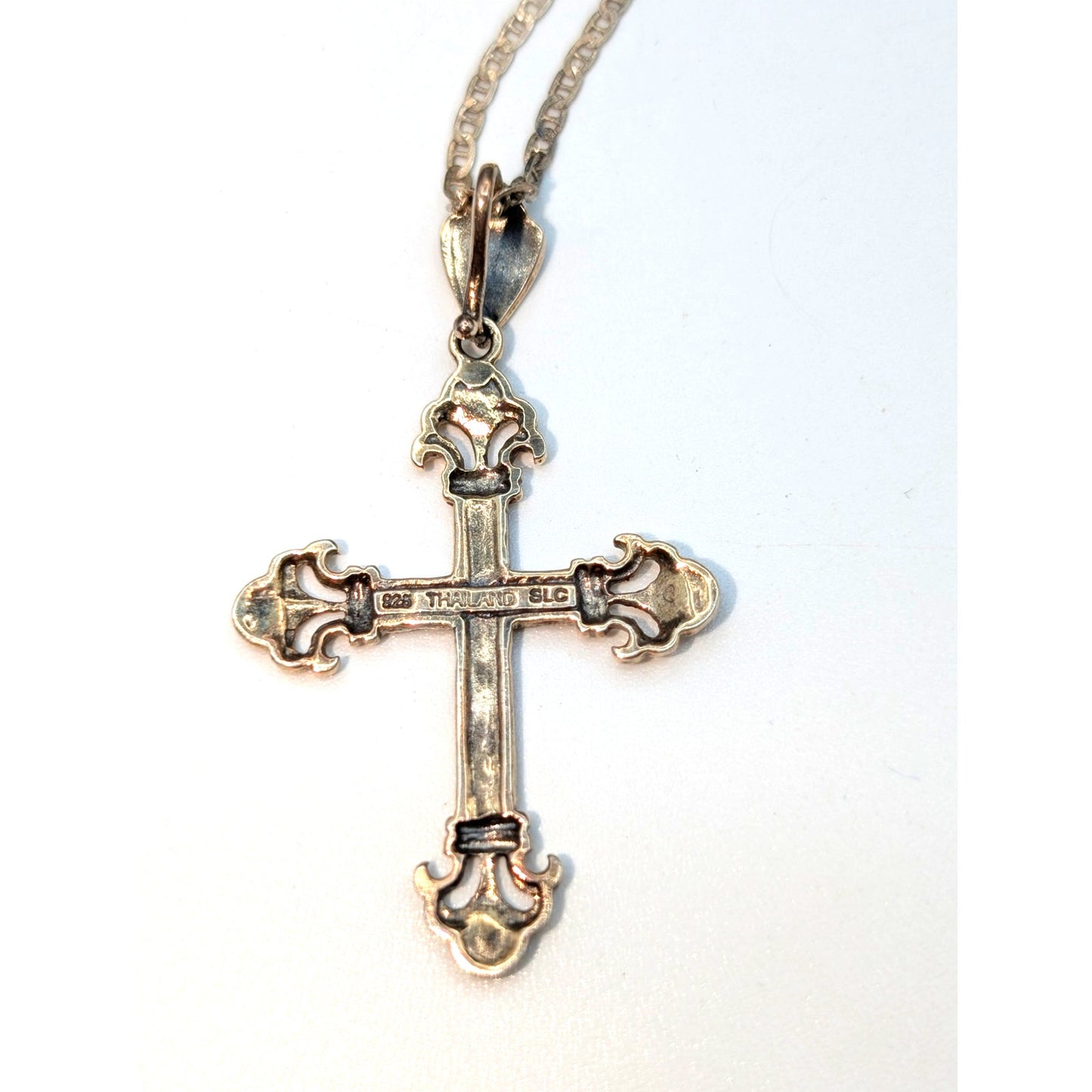Sterling Silver Marcasite Art Deco Cross on 925 Sterling 21.5" Chain Necklace