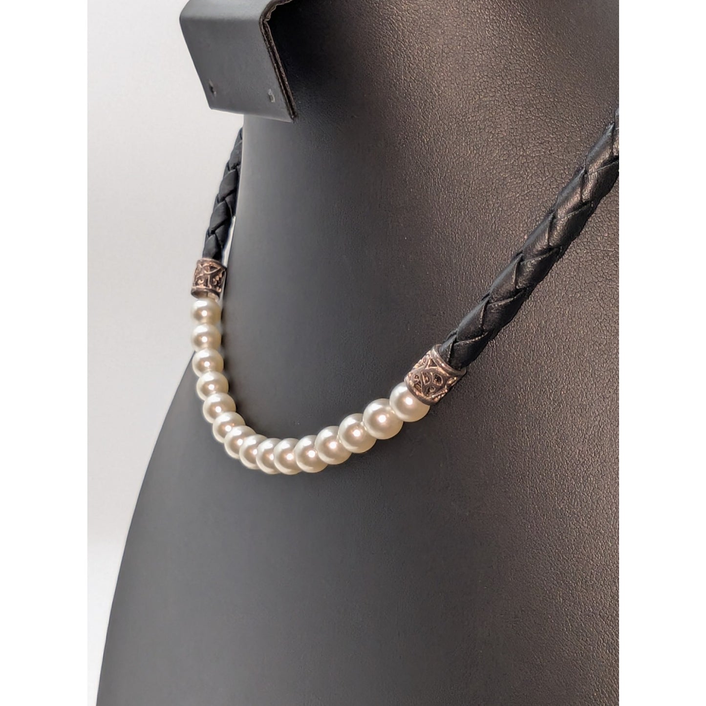 Braided Black Leather Faux Pearl & Sterling Silver Choker 17.25" Necklace