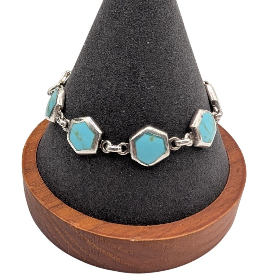 Vintage 925 Sterling Silver Hand Set Turquoise Inlay Station Chain Bracelet