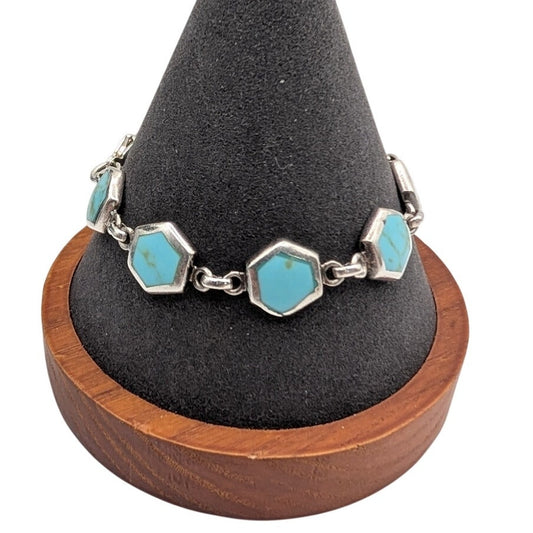 Vintage 925 Sterling Silver Hand Set Turquoise Inlay Station Chain Bracelet