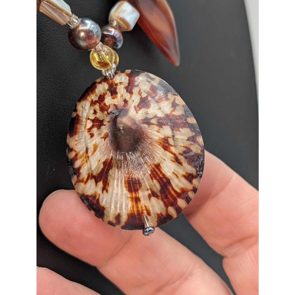 Shell Pendant Beachy Tribal Boho Glass Bead Fishy Toggle Clasp 21" Necklace