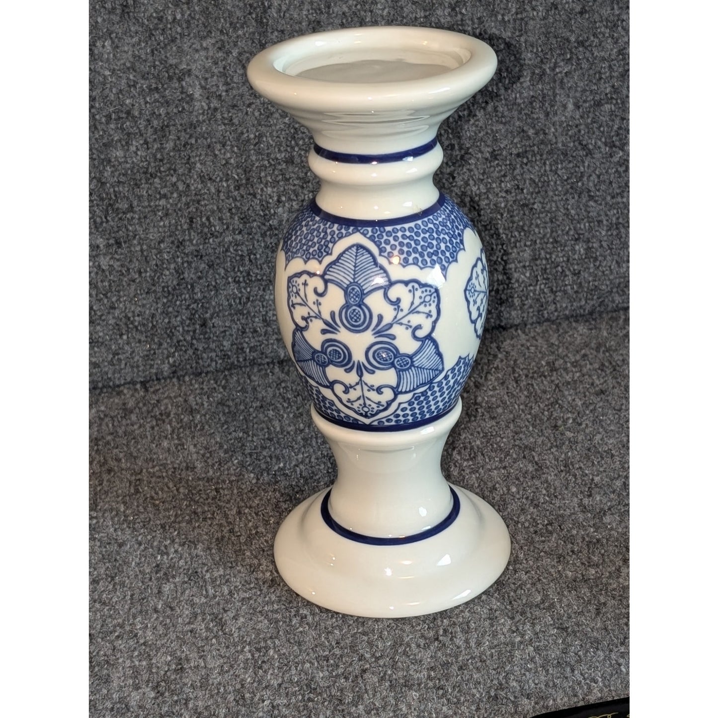 Vintage Porcelain Chinoiserie Blue & White Floral Mosaic Pillar Candle Holder