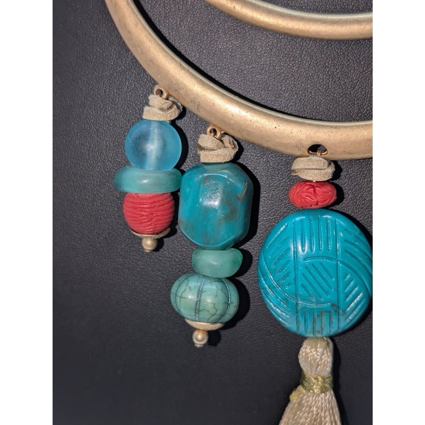 Chico's Gold Tone Faux Turquoise Coral Sea Glass Tassel Bib 15"-18.5" Necklace