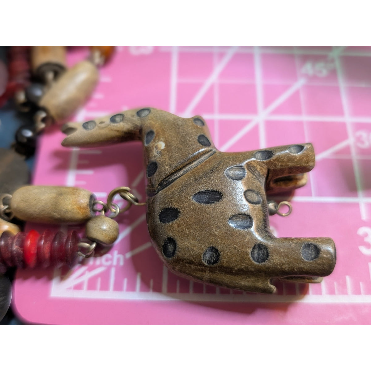 Vintage Tribal Carved Wood Elephant & Wood Bead 40" Necklace