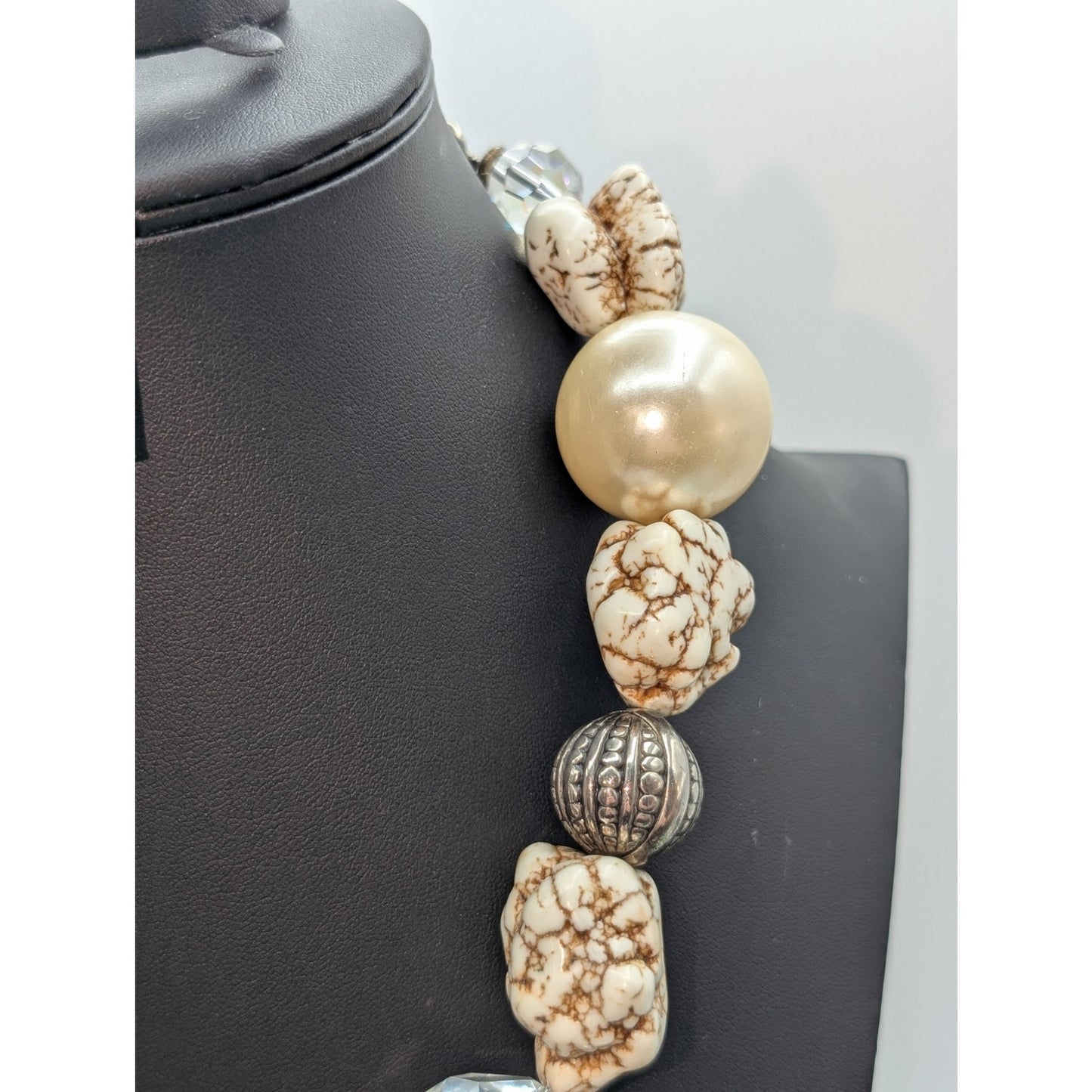 Extra Large Chunky Heavy Stone Glass Faux Pearl Rhinestone Ball 21.25" Necklace