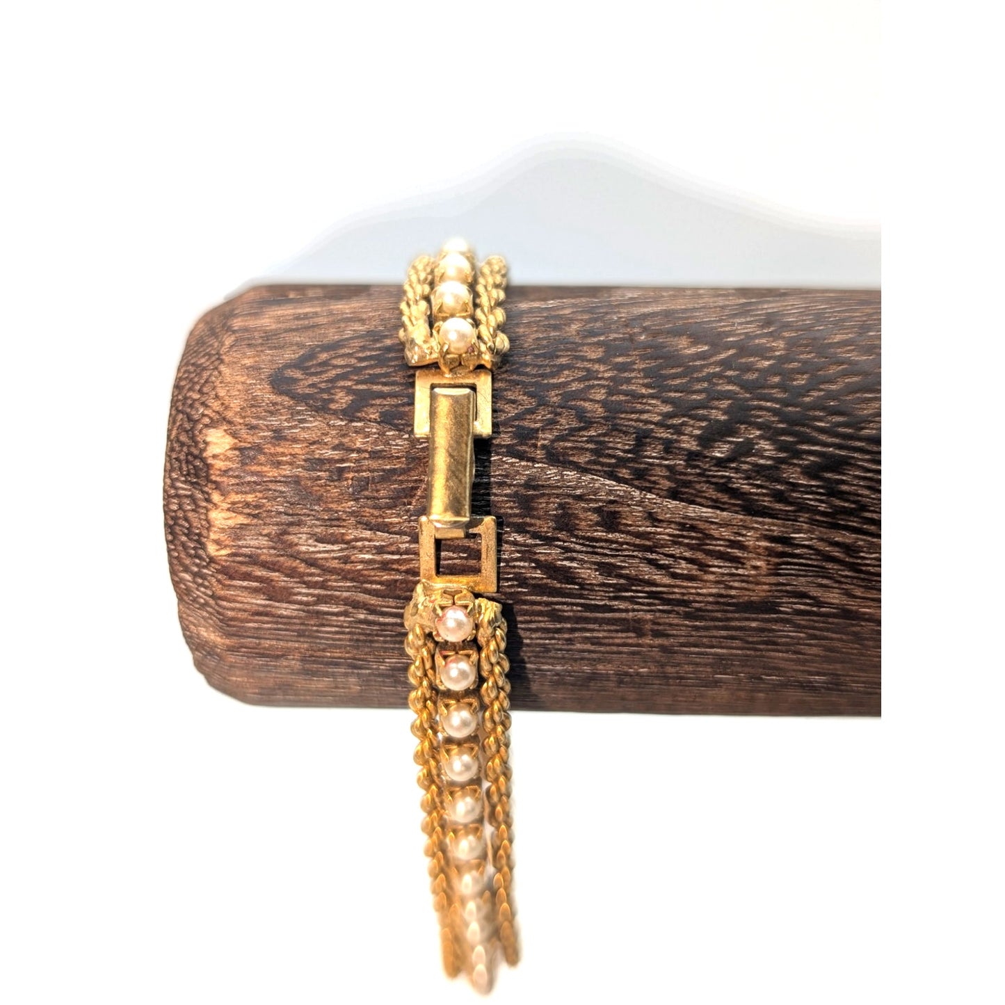 Vintage Gold Tone Double Rope Chain Seed Pearl Fold Over Clasp Bracelet