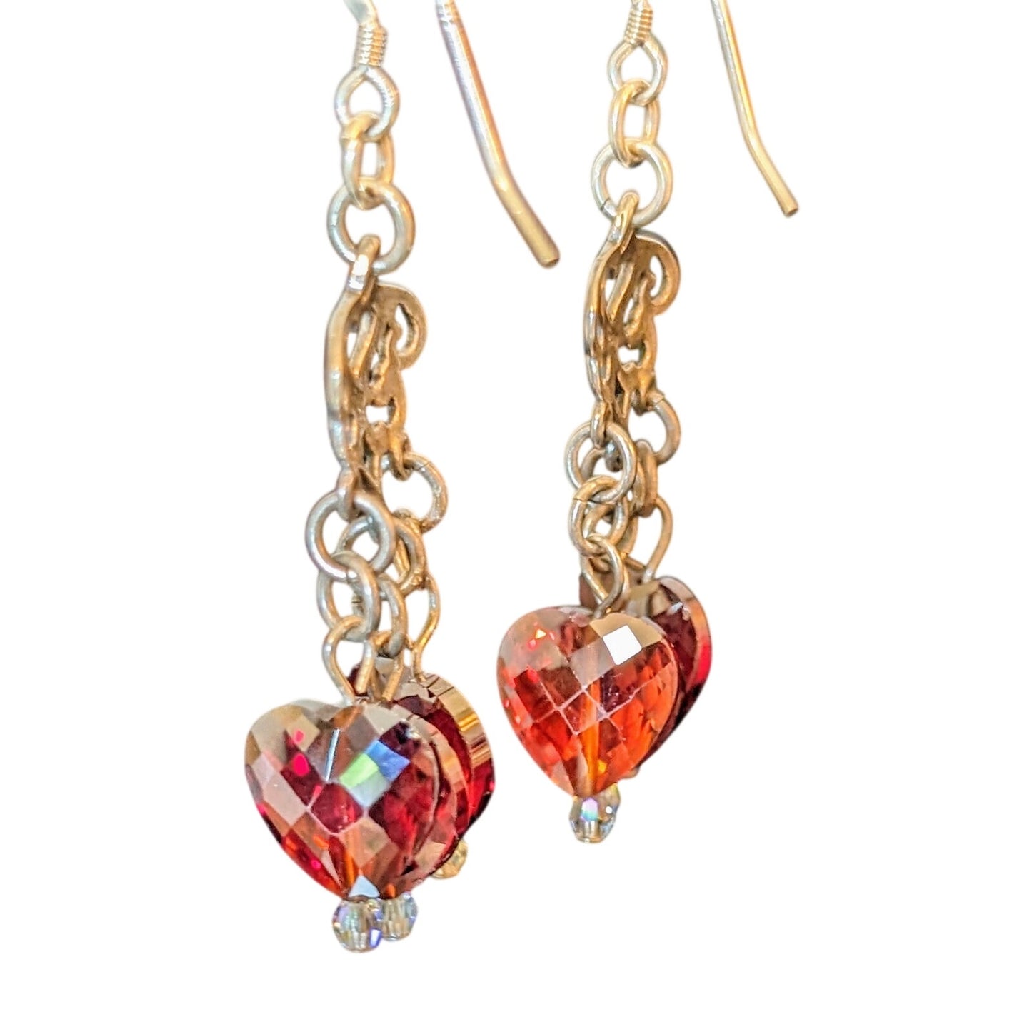 925 Sterling 'Bleeding Heart' Three Faceted Crystal Garnet Color Dangle Earrings
