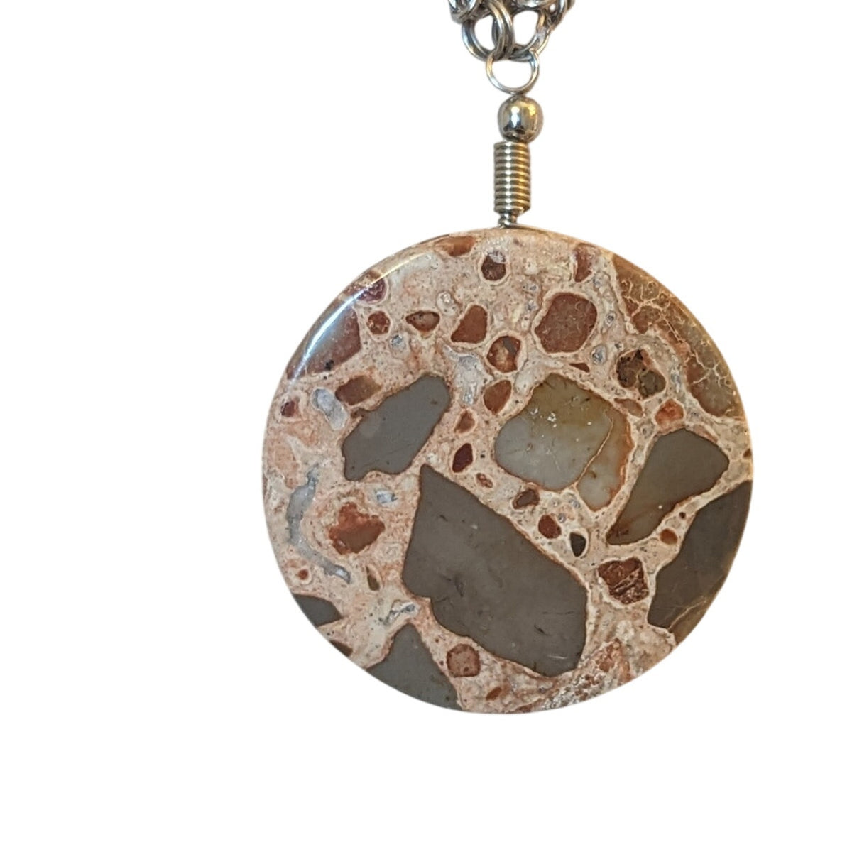 VTG Multi-Colored Brown Stone Pendant Silver Tone Chain 18" Hook Clasp Necklace