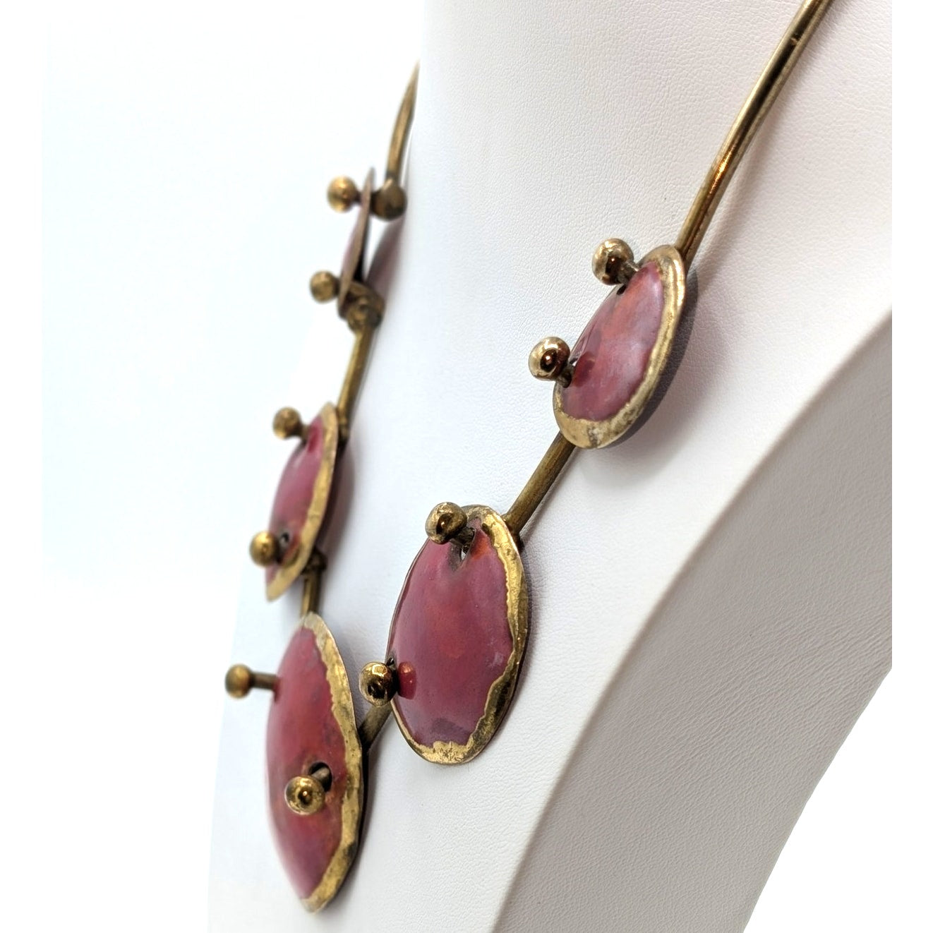 Vintage Modernist Brutalist Red Enamel Brass Disk Artisan Handmade 20" Necklace