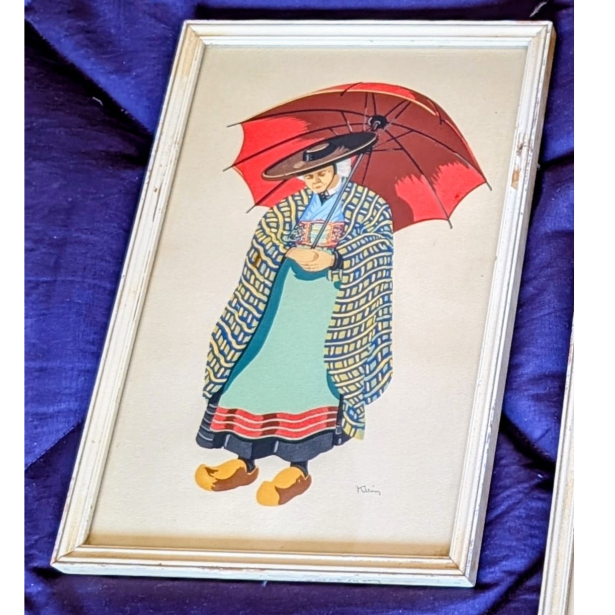 Four 10" x 6.5" Cream Wood Frame Antique/Vtg Signed Fashion Prints Under Glass