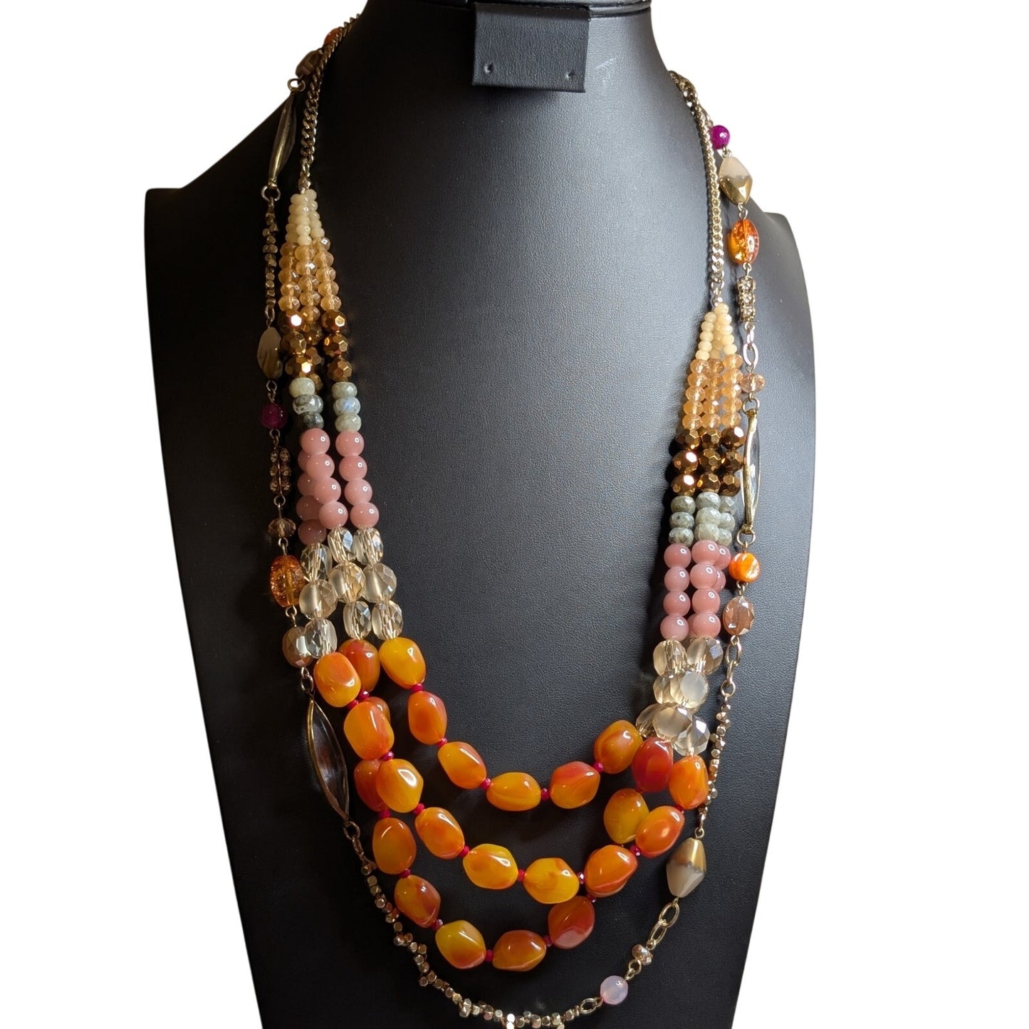 Two Coordinating Loft Beaded Orange Pink Yellow Gold Tone Beaded Long Necklaces