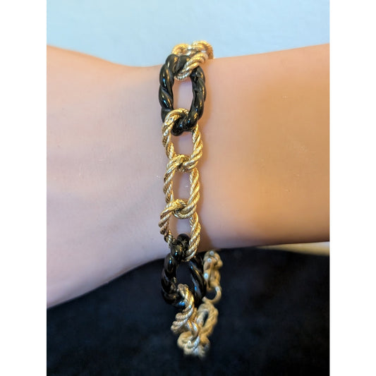 14k Twisted Gold & Black Chain Link Bracelet w/ Mariner's Clasp