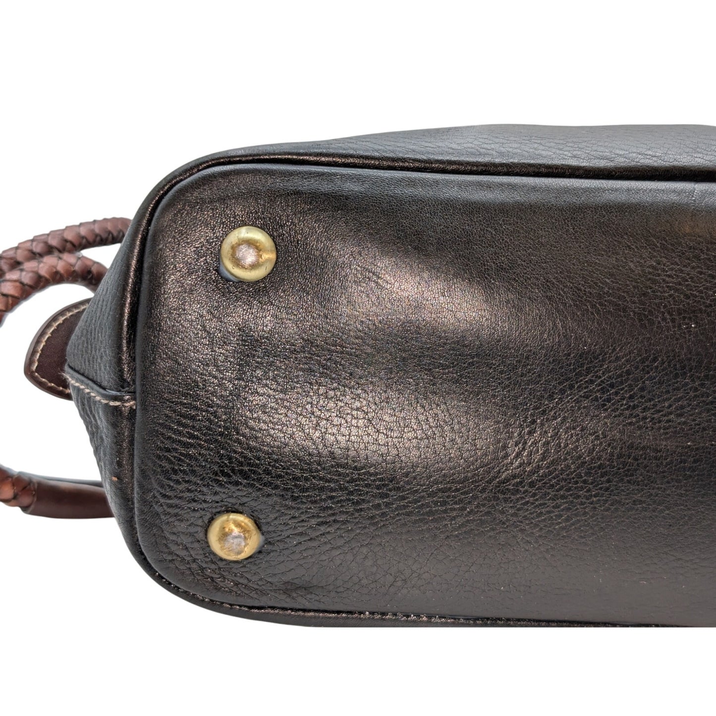 Vintage Fossil Black Brown Pebbled Leather Braided Handle Shoulder Bag