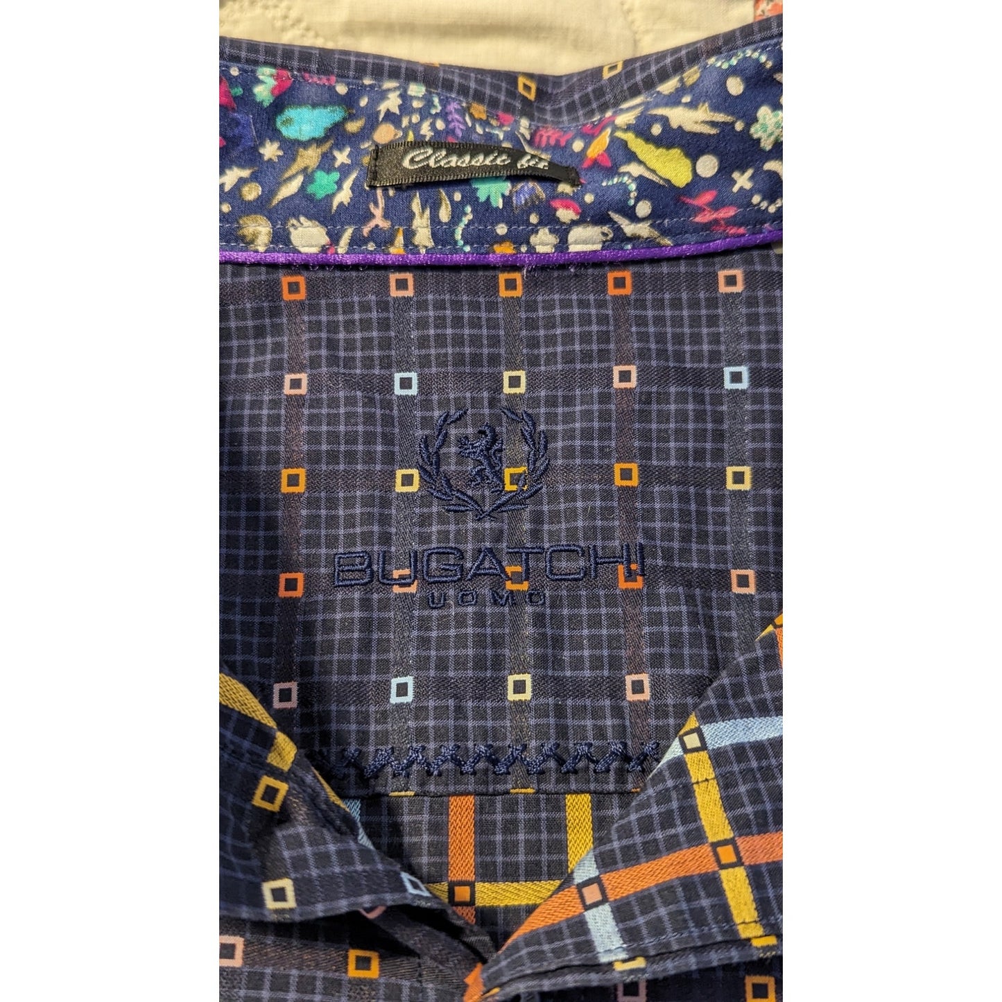 Bugatchi Uomo Men's Blue Check Long Sleeve Button Down Shirt Size L