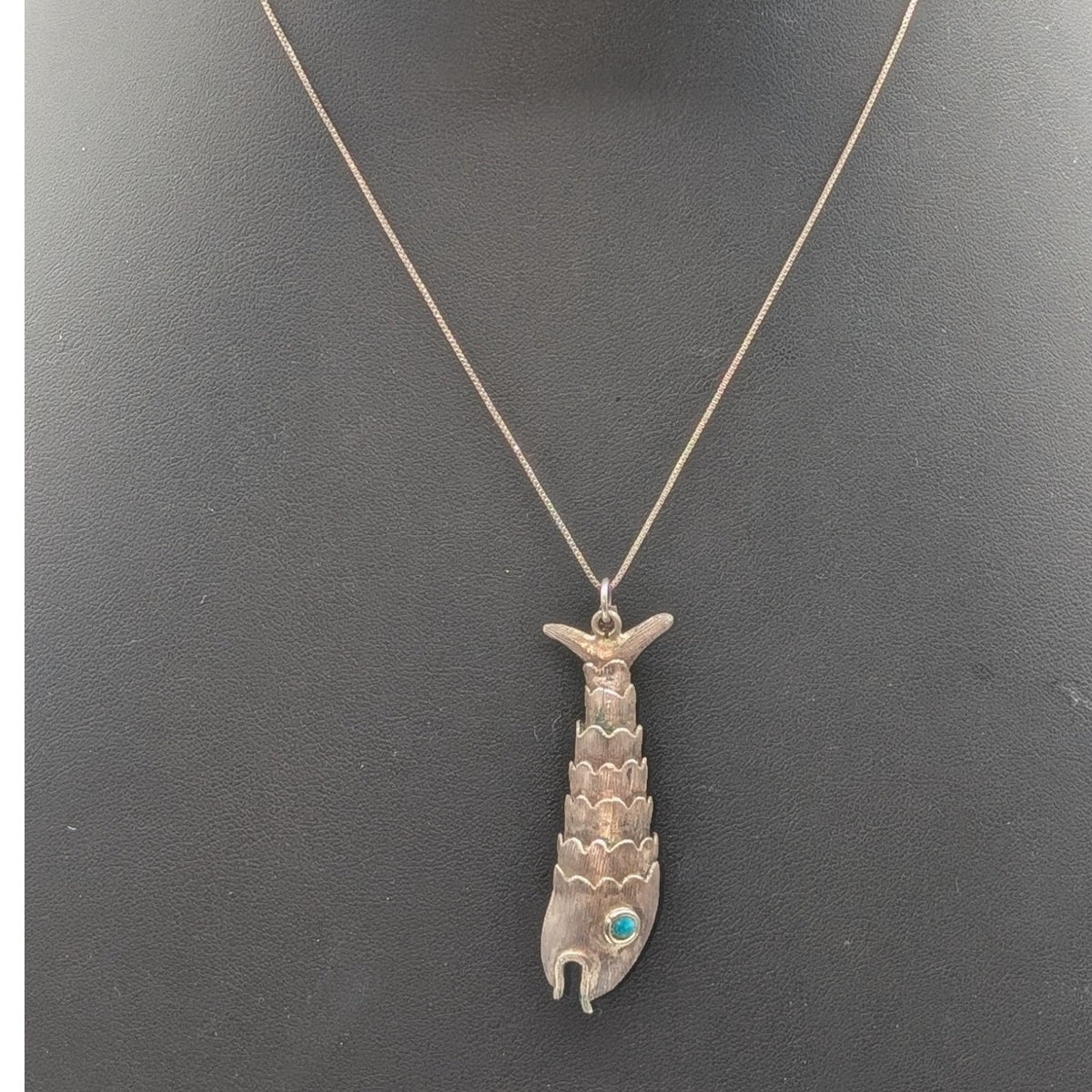 Taxco Mexico Sterling Turquoise Large Articulated Fish Pendant Chain Necklace