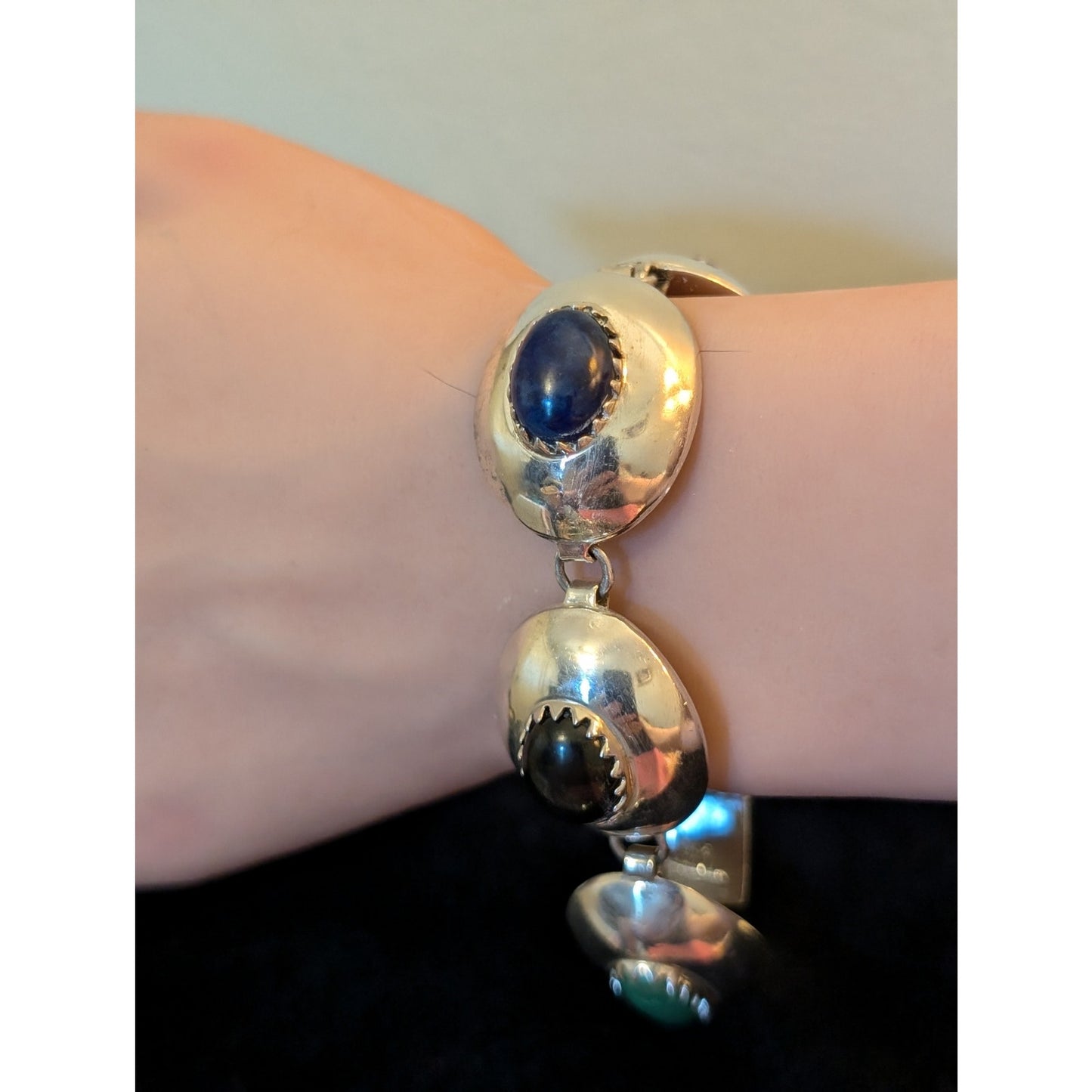 Vintage Mexico Signed 925 Sterling Multi-Stone Domed Link Bracelet