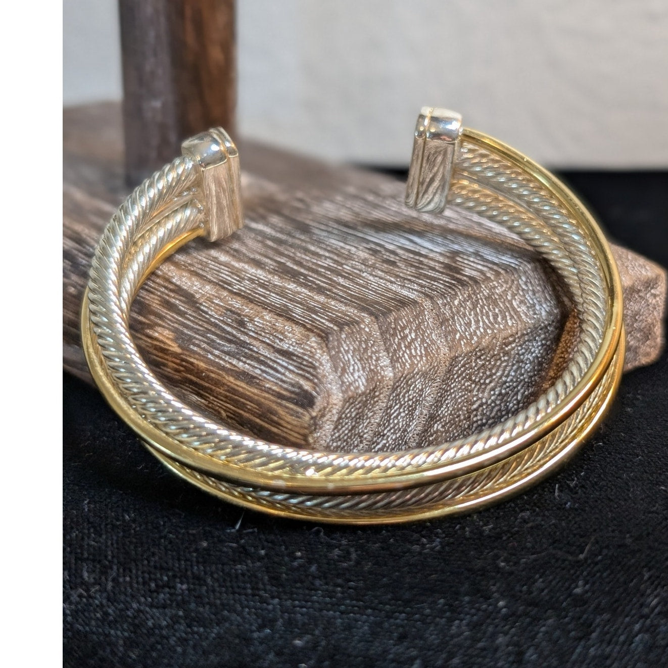 Double Two Tone Gold Bar Silver Rope Cuff Bracelet
