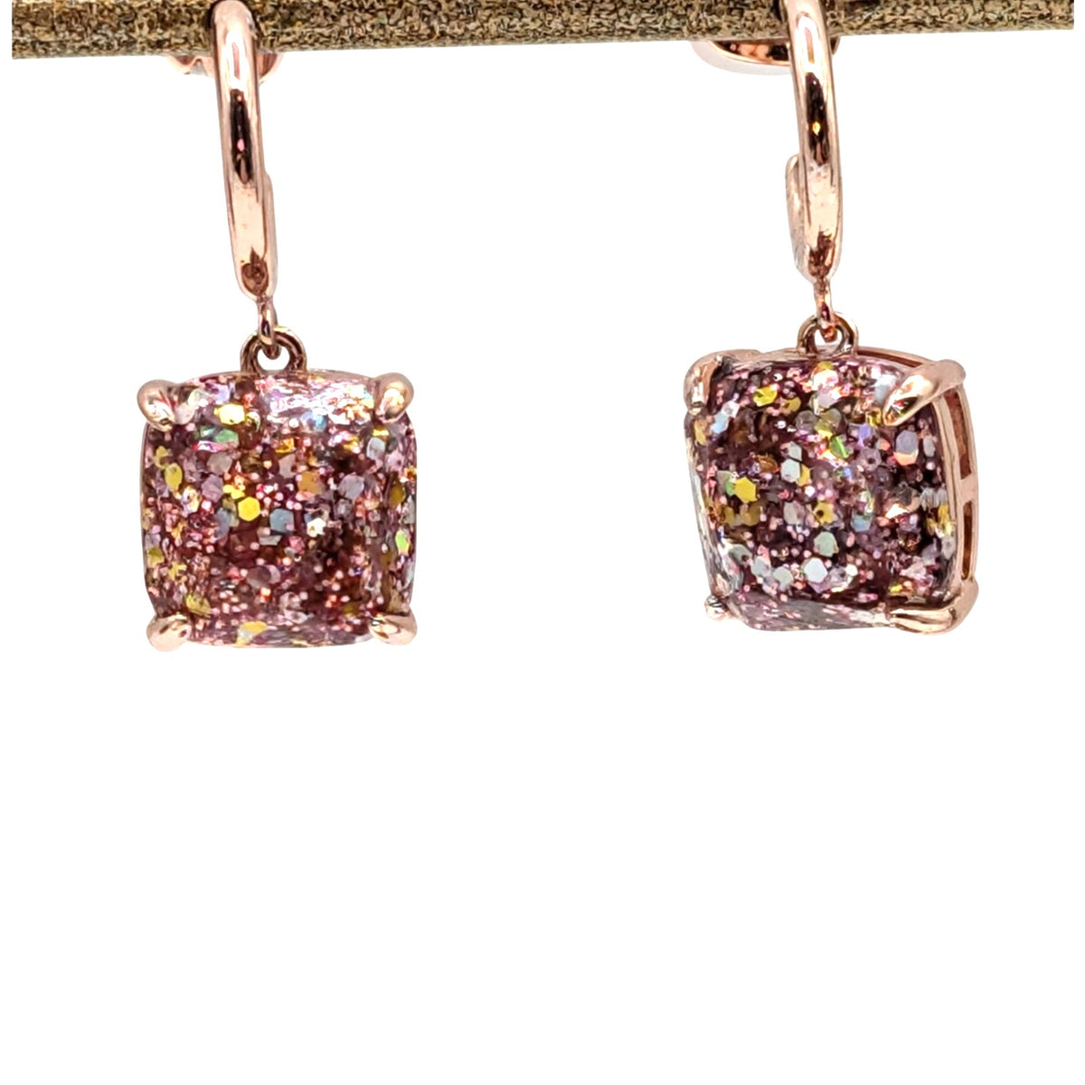 Kate Spade New York Rose Tone Gold Glitter Cushion Square Drop Huggie Earrings
