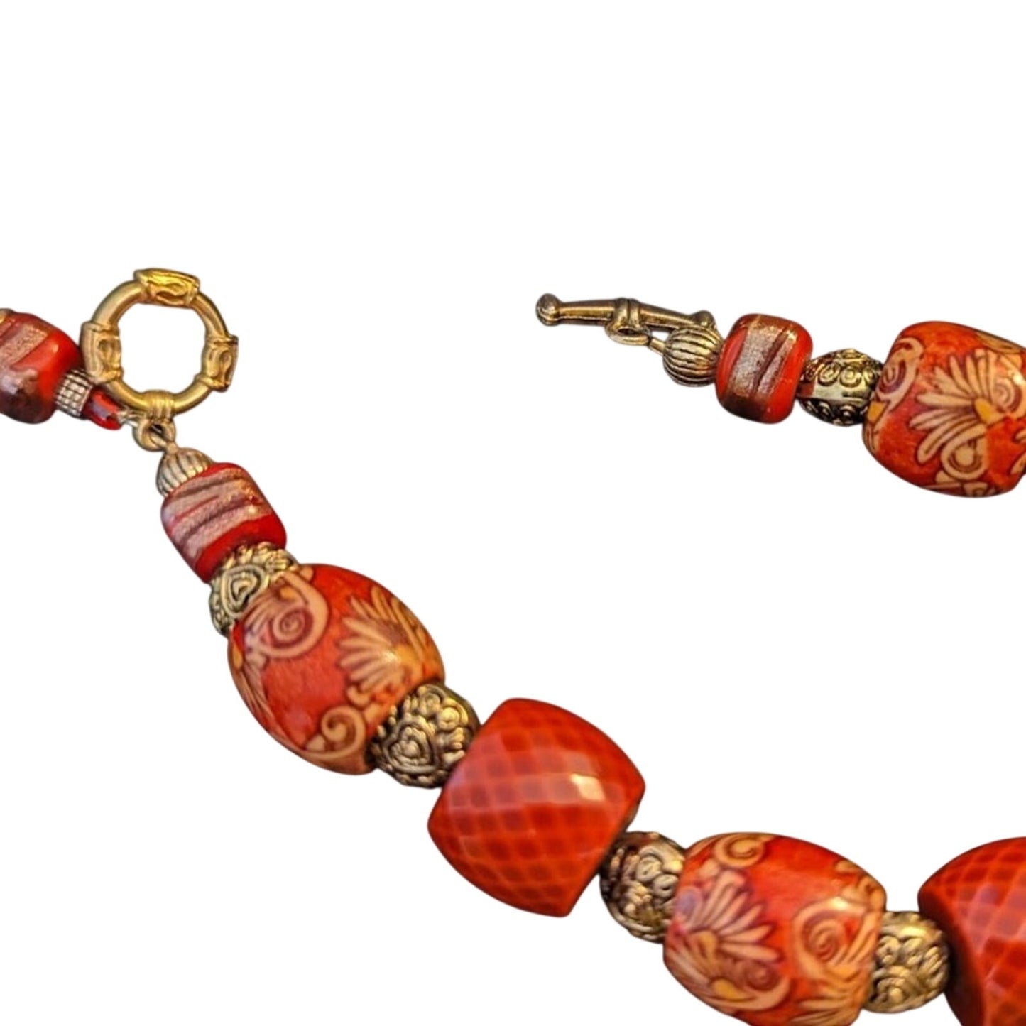 Orange Chunky Gold Tone Multi-Bead Fancy Toggle Dangle Bracelet