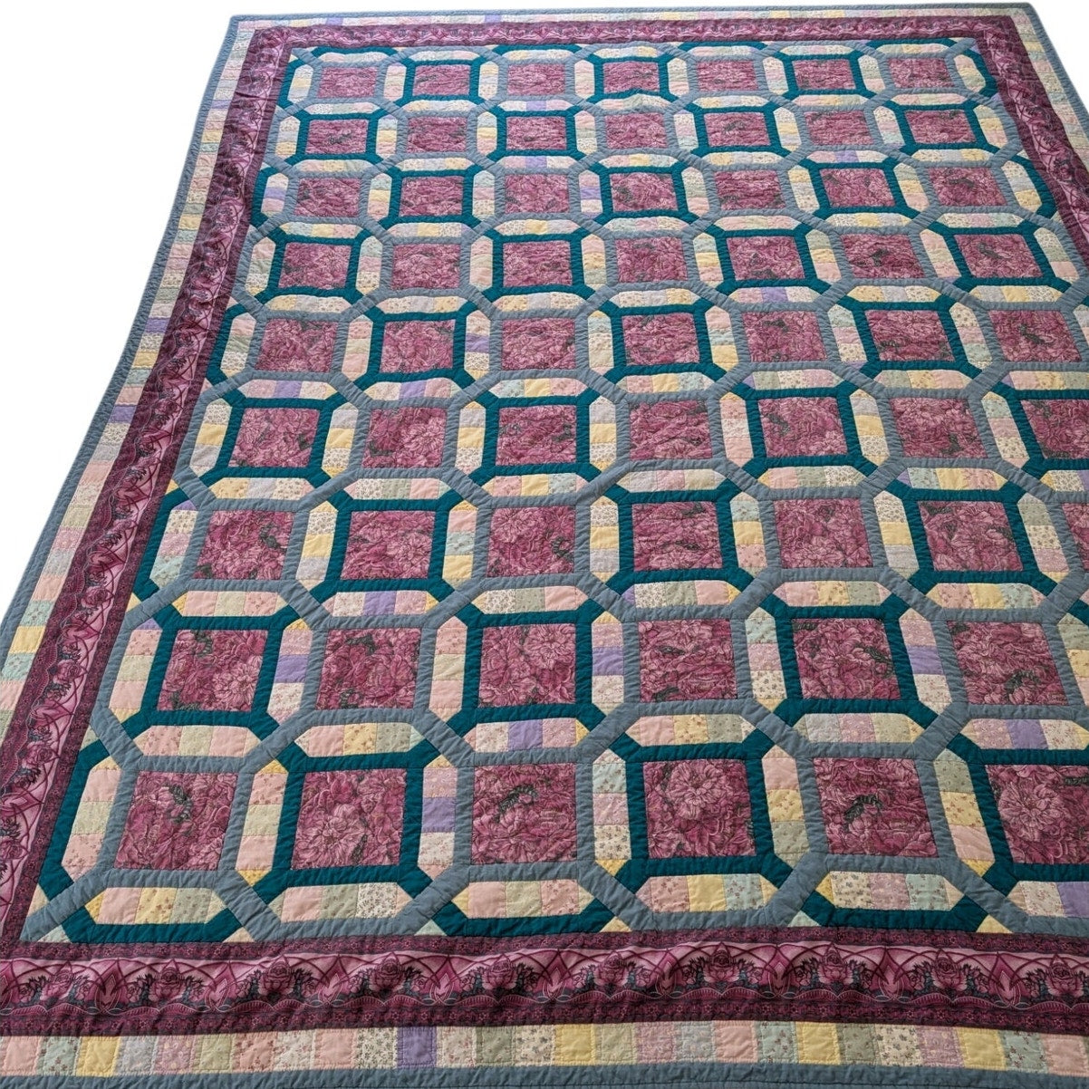 Vintage 84" X 102" Teal Blue & Mauve Cotton Hand Stitched 'Secret Garden' Quilt
