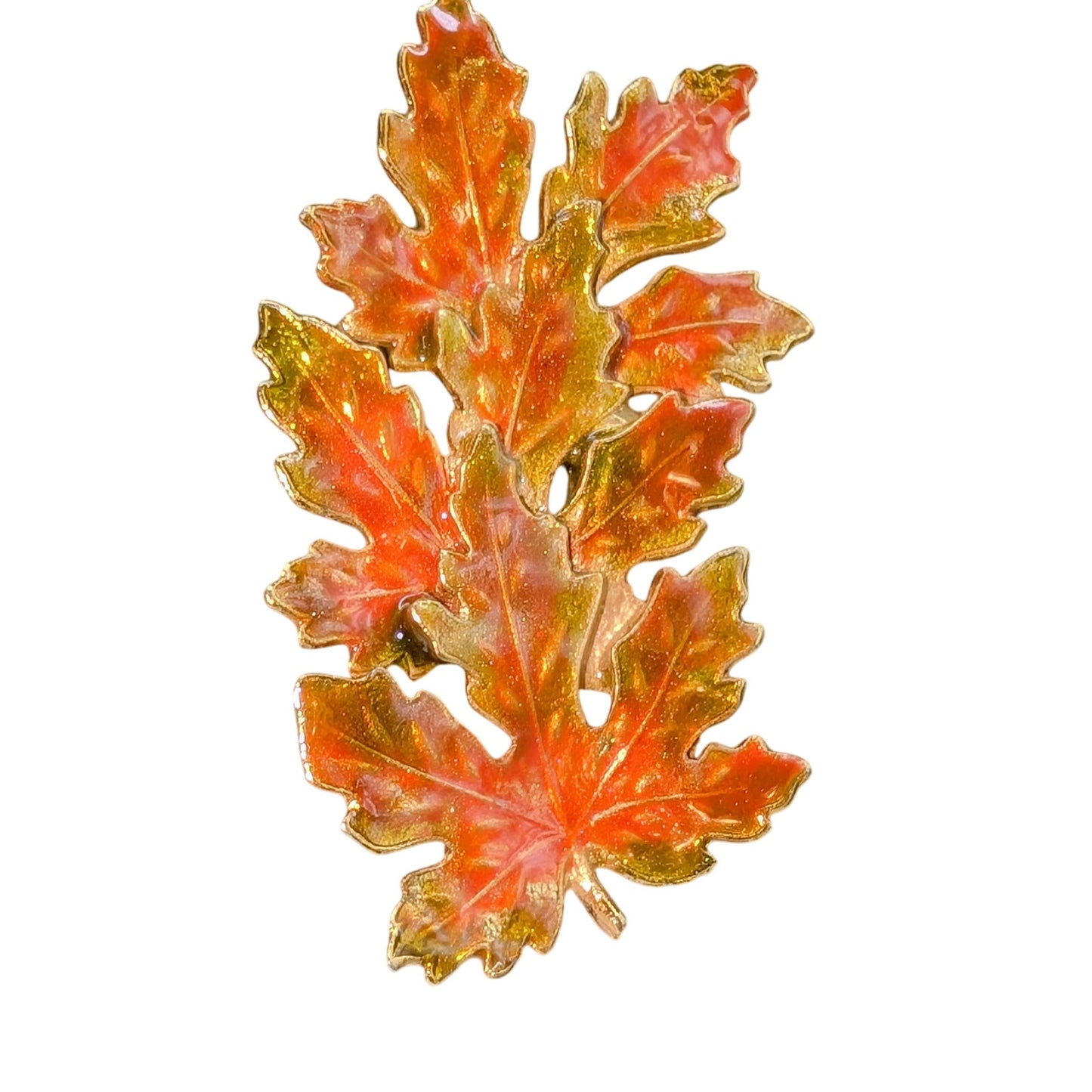 Vintage Kenneth Cole Signed KC Orange Green Enamel Gold Tone Maple Leaf Brooch