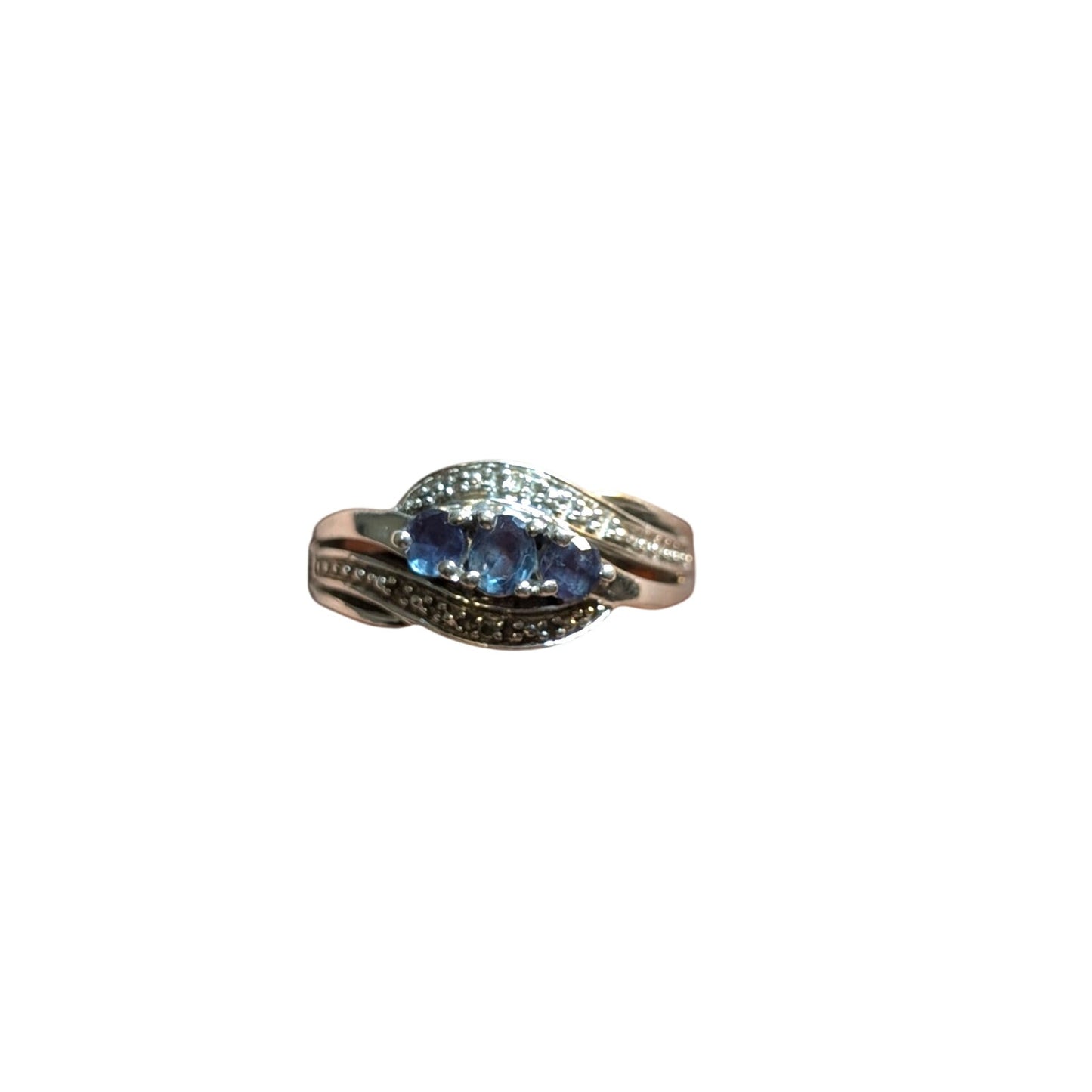 Vintage 925 Sterling Three Blue Spinel Two Diamond Ring Size Almost 6