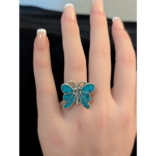 Vintage Crushed Turquoise Butterfly Design Sterling Silver 925 Ring Size 6