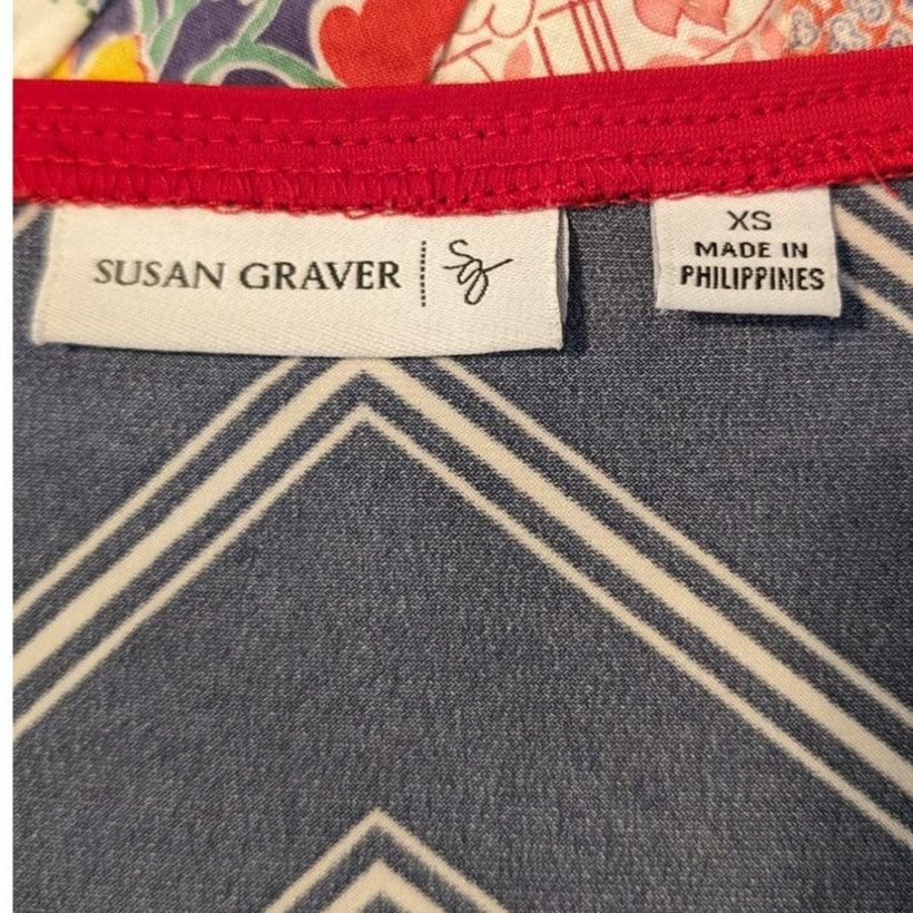 Susan Graver Navy Chevron Liquid Knit V-Neck Scarf Top Womens Sz XS
