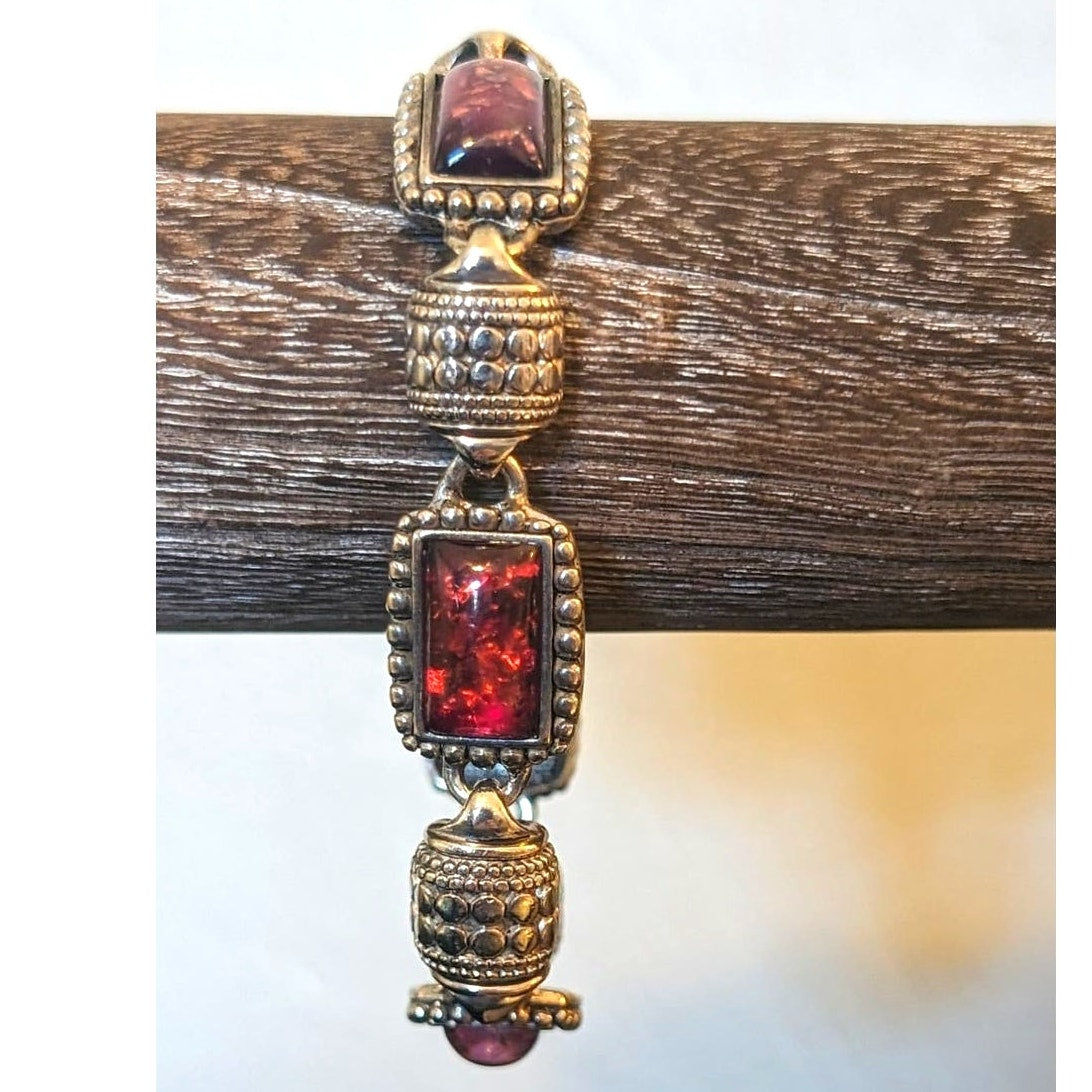 Antiqued Silver Tone Faux Multi-Color Opal Station Bracelet W/ Magnetic Clasp