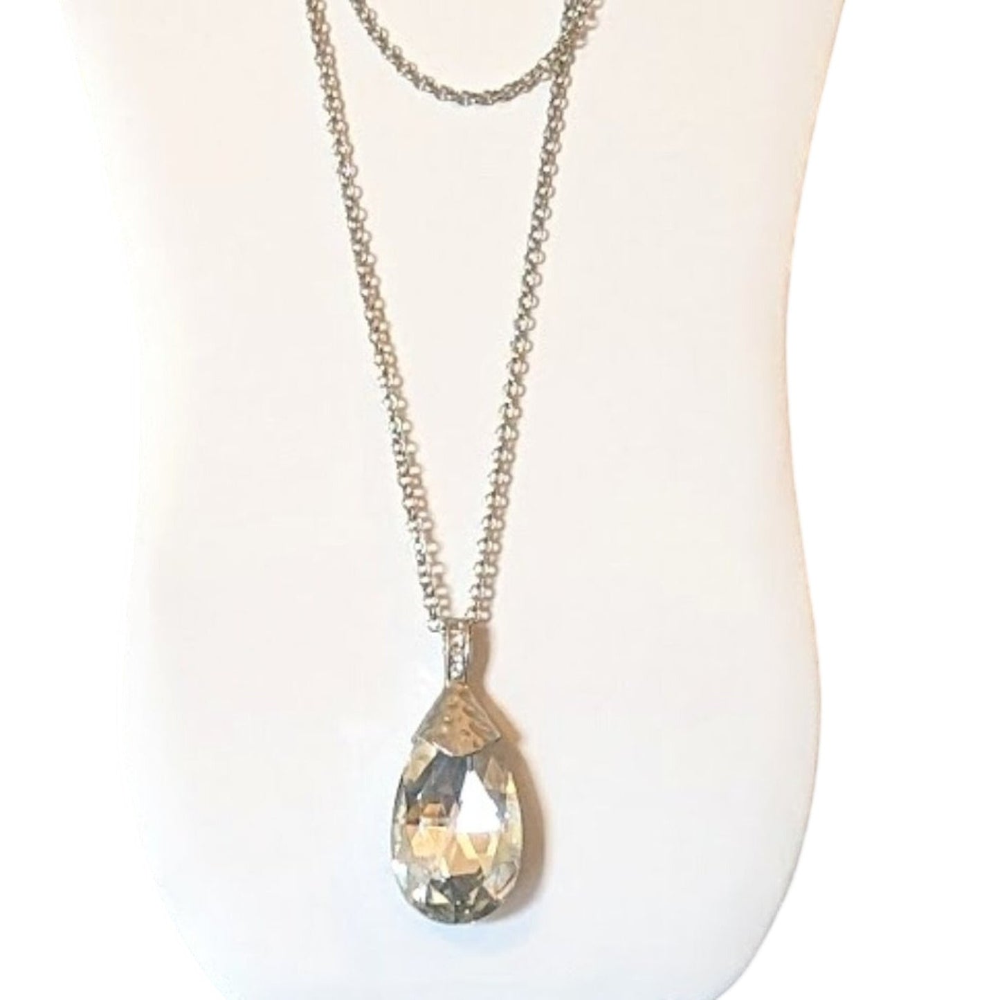 Long Silver Tone Role Chain with Huge Teardrop Faceted Crystal Pendant