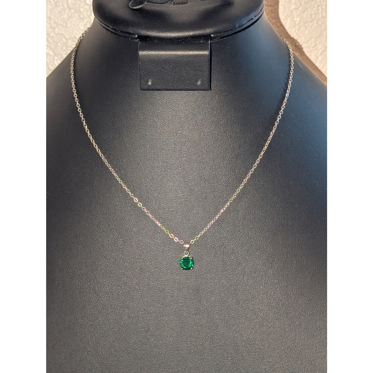925 Sterling Silver Green Crystal Solitaire Pendant 16" Chain Necklace