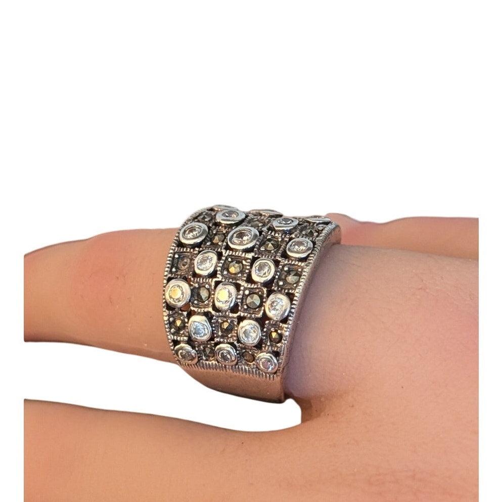 Vtg Sterling Silver 925 Marcasite Cubic Zirconia Wide Band Ring Size 7.5 10.14g