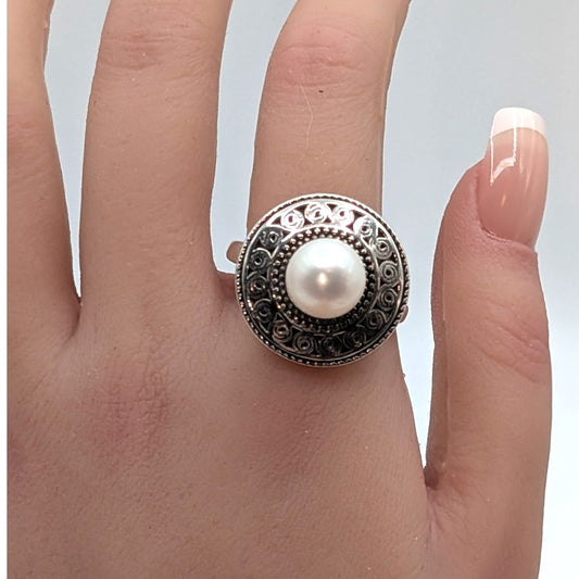 Vtg Balinese 925 Sterling  Filigree Artisan Pearl Designer BBJ Size 11.5 Ring
