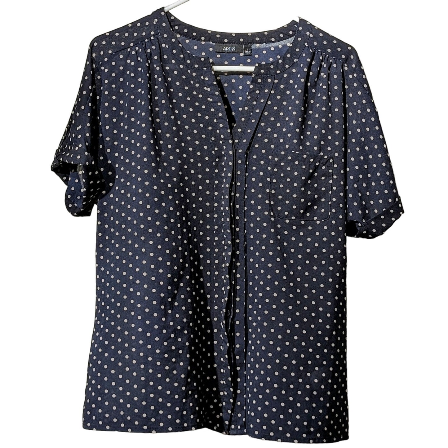 Apt 9 Navy Polka Dot Pleated Button Front V Neck Roll Tab Short Cuff Sleeve Sz L