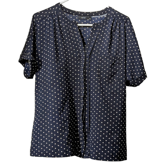 Apt 9 Navy Polka Dot Pleated Button Front V Neck Roll Tab Short Cuff Sleeve Sz L