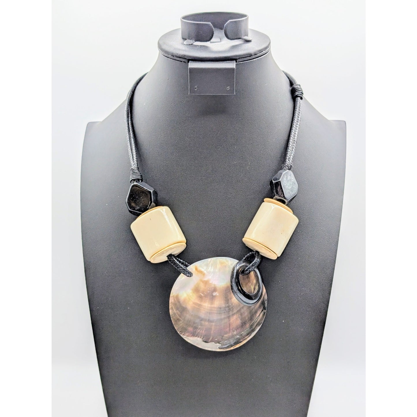 Chunky Barrel Bead Large Shell Pendant Avant Garde Corded 21.5"-24.5" Necklace