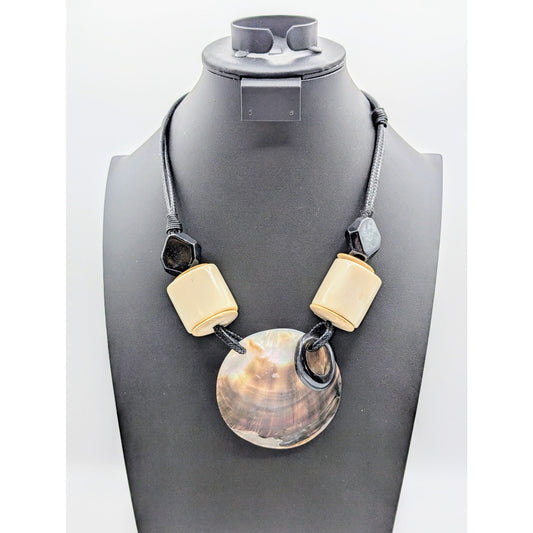 Chunky Barrel Bead Large Shell Pendant Avant Garde Corded 21.5"-24.5" Necklace