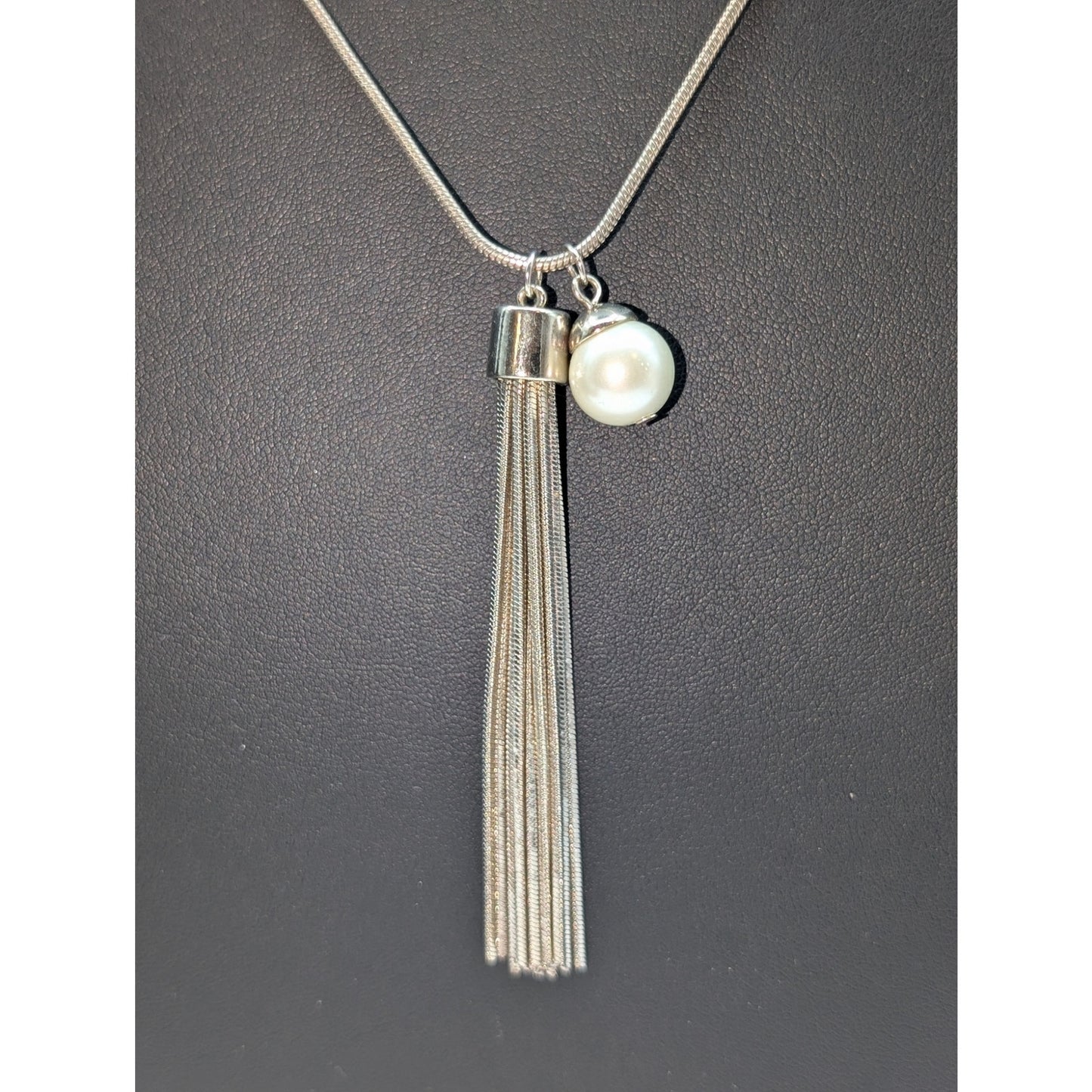 Silver Tone Snake Chain Faux Pearl Charm Tassel 34" Long Necklace